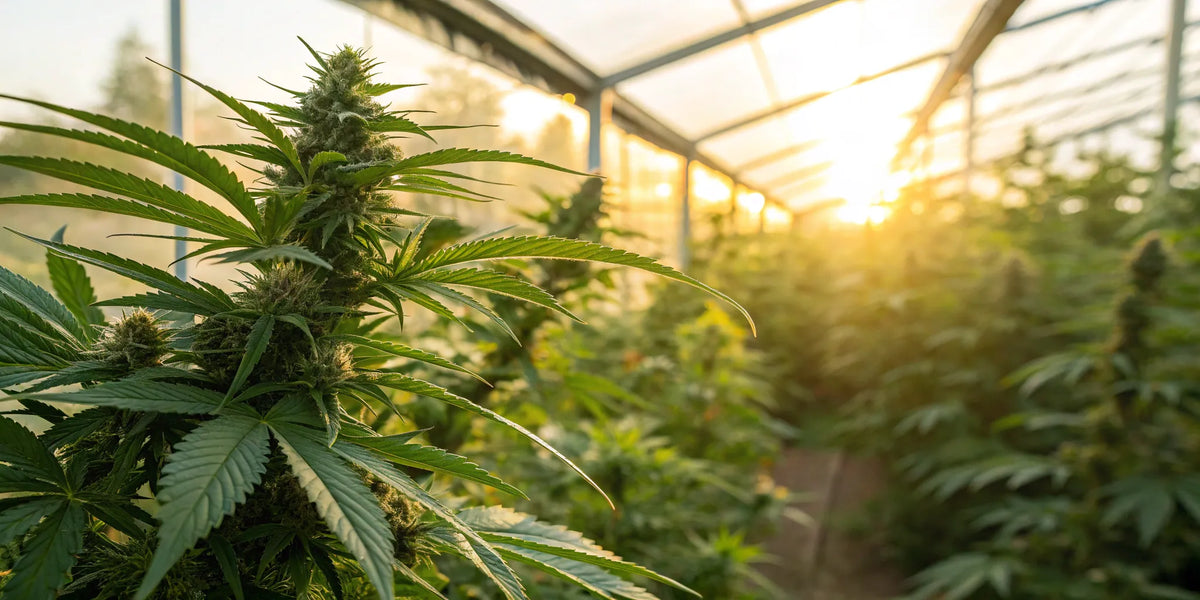 Feminized cannabis seed growing in a greenhouse.